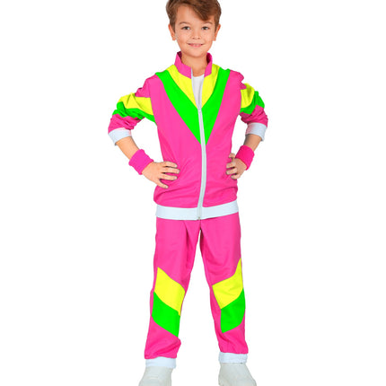 Neonroze jaren 80 trainingspak jongen met rits, witte boorden en groen-gele schoudervlakken