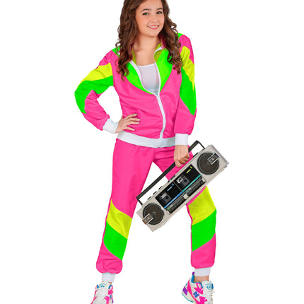 Jaren 80 trainingspak meisje roze met groene mouwvlakken voor een jaren 80-feest