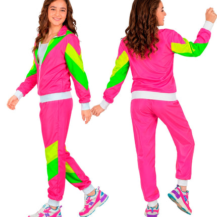 Jaren 80 trainingspak kinderen voor- en achterkant, effen roze rug met witte tailleband