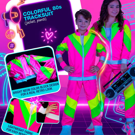 Jaren 80 trainingspak kind met detail van rits en neon kleurvlakken op jack en broek