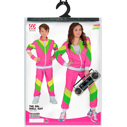 Verpakking jaren 80 trainingspak kinderen met jack en broek in neonroze en groen