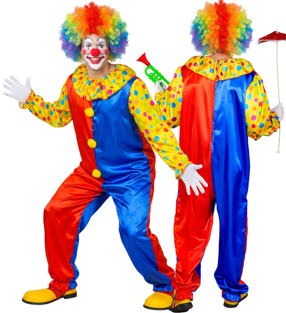 Clown jumpsuit heren voor- en achterkant met gele stippenmouwen en ruche kraag