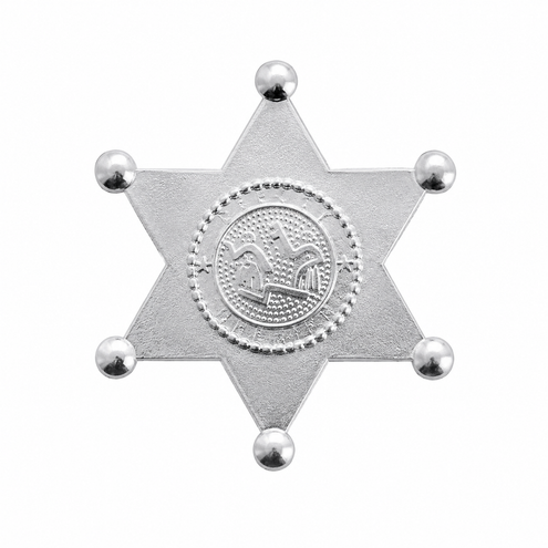 Zilverkleurige sheriff ster Marco met zes glanzende bolletjes op de punten