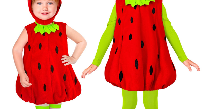 Aardbeienpakje voor kinderen in twee maten, rood met zwarte zaadjes en groen hoofddeksel
