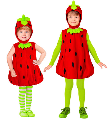 Aardbeienpakje voor kinderen in twee maten, rood met zwarte zaadjes en groen hoofddeksel