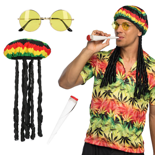 Accessoireset Rasta Reggae Jamaica met gestreepte muts, dreadlocks, gele bril en nepsigaret, los en gedragen