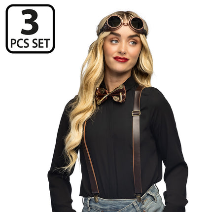 Accessoireset Steampunk 4-delig gedragen door een vrouw, met stofbril op het voorhoofd en bruine bretels over een zwarte blouse