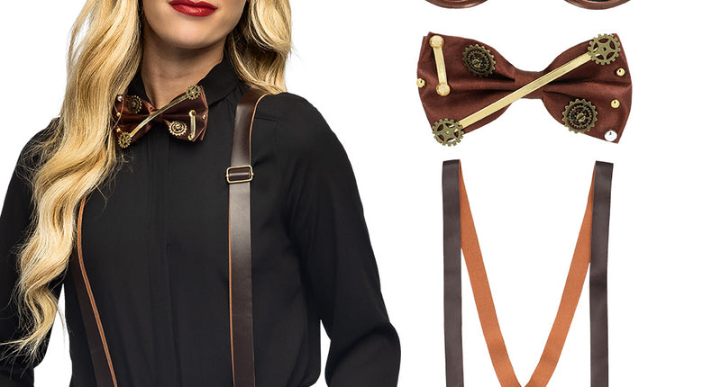 Accessoireset Steampunk 4-delig met koperkleurige stofbril, bruine tandwielstrik en Y-bretels, los en gedragen door een vrouw