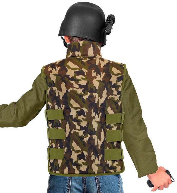 Achterkant van het camouflagevest kind met zes brede klittenbandstroken