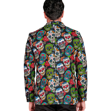 Achterkant colbert day of the dead Skully met doorlopende schedel- en bloemenprint op zwart