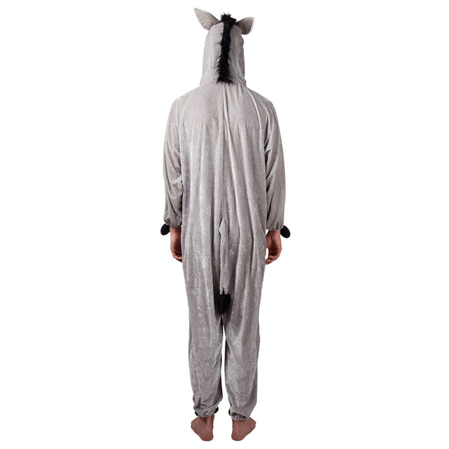 Achterkant ezel onesie met zwarte manen op de capuchon en pluizige staart