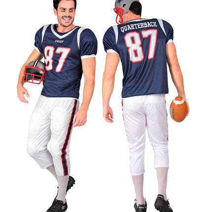 Voor- en achterkant van het footballkostuum Yara met QUARTERBACK en rugnummer 87 op de rug