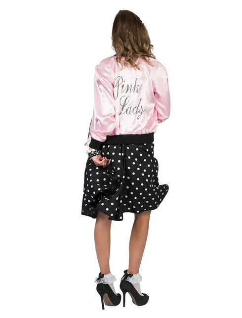 Achterkant van het Grease jasje Pink lady met zilverkleurige sierletters op het rugpand