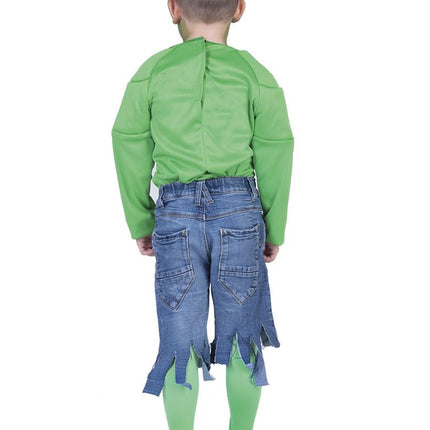 Achterkant van het groene spierballen shirt met naad over de rug en sluiting in de nek