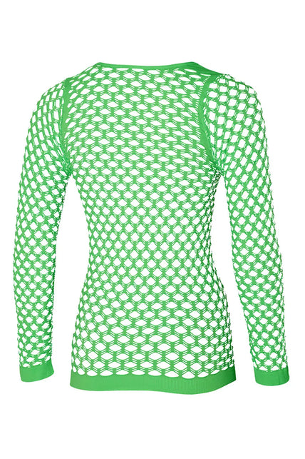 Achterkant van het groene visnet shirt met geribde zoom en mouwboorden