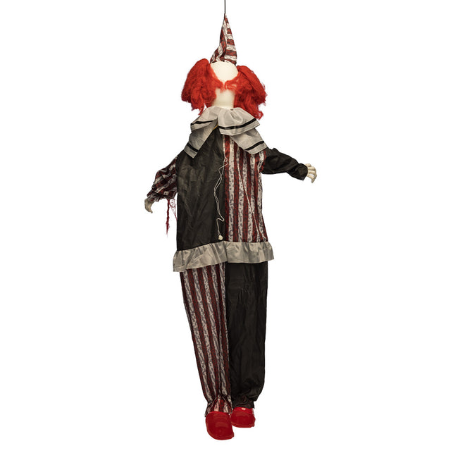 Achterkant van de hangdecoratie clown Mad giggles met half zwart en half gestreept pak