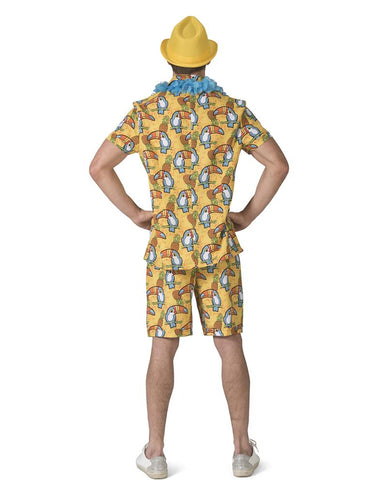 Achterkant van het hawaiipak heren: toekans en ananassen over de hele rug van blouse en korte broek