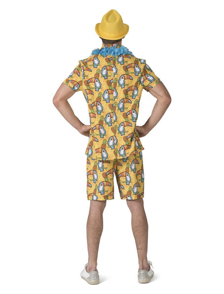 Achterkant van het hawaiipak heren: toekans en ananassen over de hele rug van blouse en korte broek