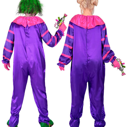 Achterkant van de horror clown jumpsuit met roze schouderkraag en sluiting over de volle rug