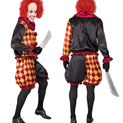 Achterkant horror clown kostuum Lars met zwart rugpand en geruchte boord aan de pofbroek
