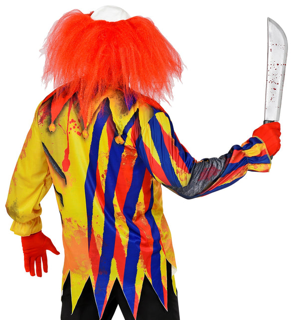 Achterkant van het horror clown shirt psycho met blauw-rode strepen en gepunte zigzagzoom