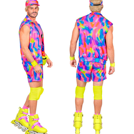 Achterkant jaren 80 rollerblader kostuum heren met neonprint op jack en korte broek