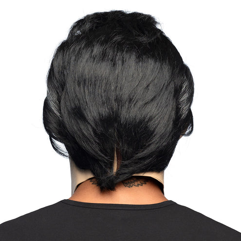 Achterkant van het latex hoofdmasker Graaf Vamp met zwart haar tot in de nek