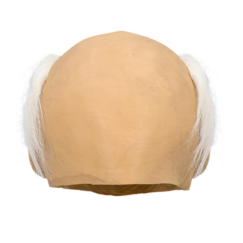 Achterkant latex hoofdmasker oude man, kale latex schedel met witte haarlokken langs de rand