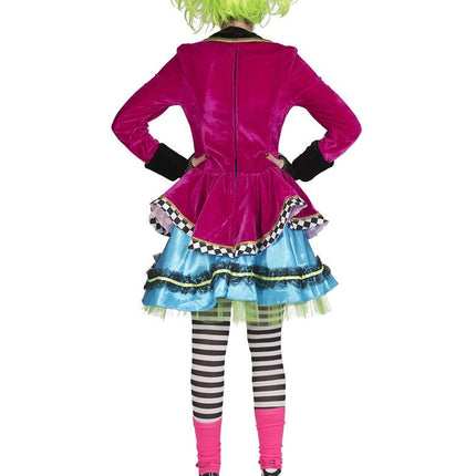 Achterkant Mad Hatter pak dames met sluiting in de middennaad en groene tule onder de blauwe rok