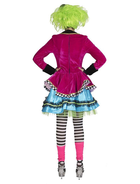 Achterkant Mad Hatter pak dames met sluiting in de middennaad en groene tule onder de blauwe rok