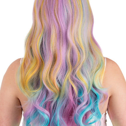 Achterkant pruik Selena pastel: 70 cm lange krullen met roze en turquoise punten
