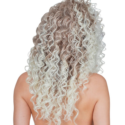 Achterkant pruik supercurls dames met kleurverloop van asblond naar lichte krulpunten