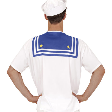 Achterkant Sailor T-shirt met blauw kraagvlak, witte biezen en twee gele sterren
