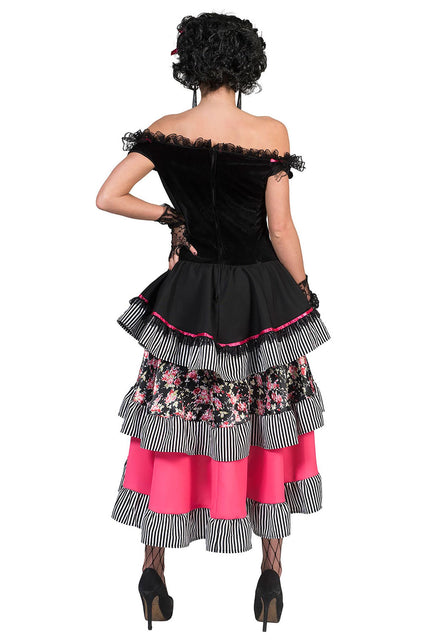 Achterkant van de saloon jurk sexy met fluwelen top, ritssluiting en drie volantlagen