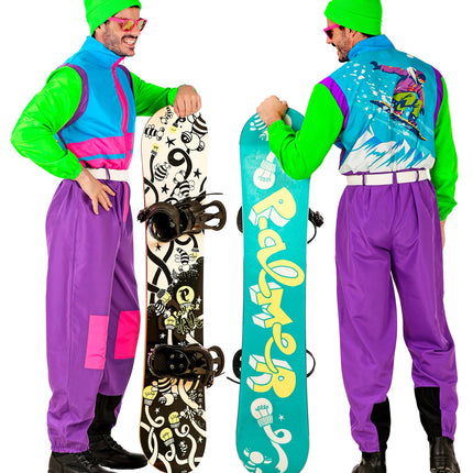 Achterkant snowboarder overall met opdruk van snowboarder in besneeuwd bergdecor