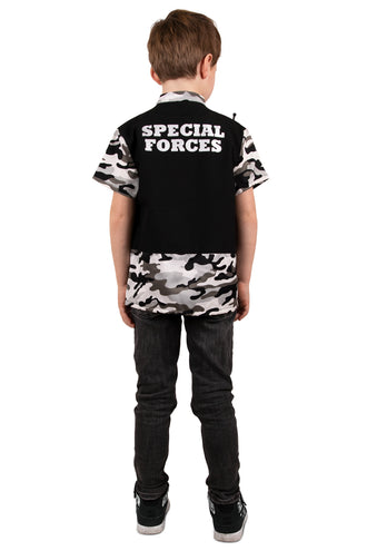 Achterkant special forces blouse kind met witte opdruk Special Forces op het zwarte vest