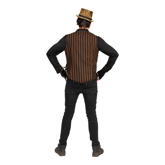 Achterkant van het steampunk gilet Stanley in doorlopend bruin-zwart strependessin
