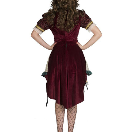 Achterkant van de Steampunk jurk Victoria dames met langere bordeauxrode rok en kanten mouwboord