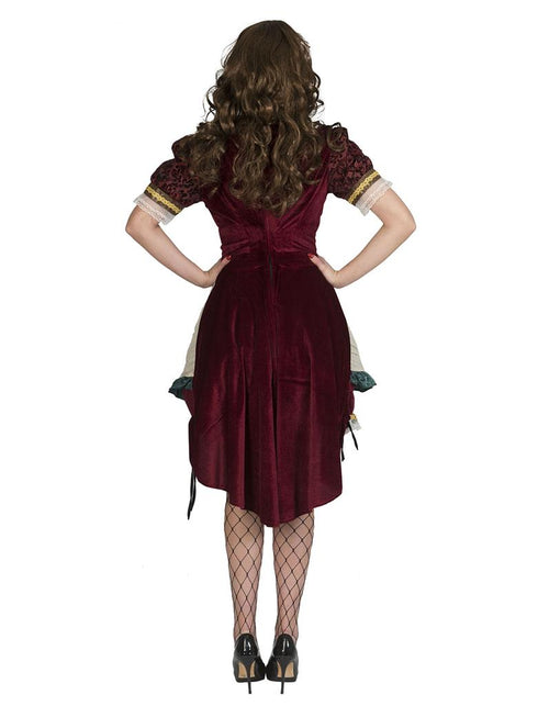 Achterkant van de Steampunk jurk Victoria dames met langere bordeauxrode rok en kanten mouwboord