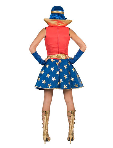 Achterkant Superwoman jurk dames met rits in het rode lijfje en blauwe armstukken