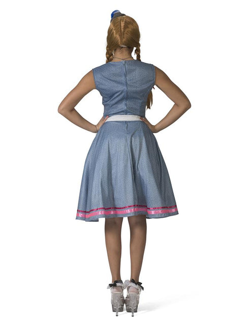 Achterkant tiroler jurk Steffie dames met rits en blauw gemêleerde rok met roze bies