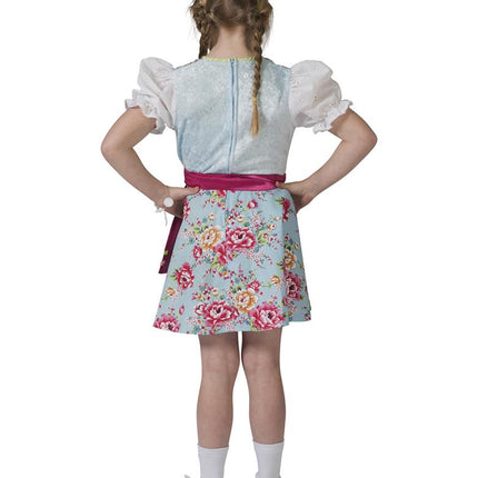 Achterkant van het Tiroler jurkje Greta met sluiting op de rug en wijd uitlopende bloemenrok