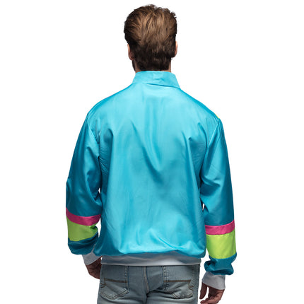 Achterkant van het trainingsjasje Retro dude neonblauw met roze en gele banen op beide mouwen