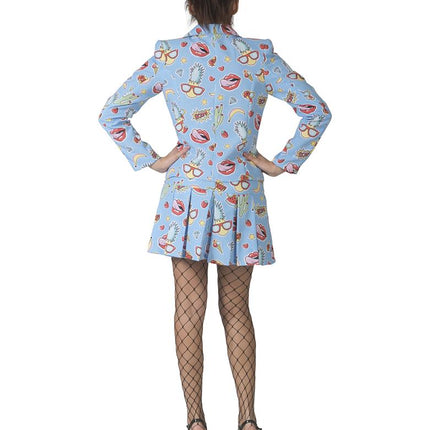 Achterkant van het vrijgezellen feest pak Cristy met doorlopende stripprint op blazer en vouwenrok
