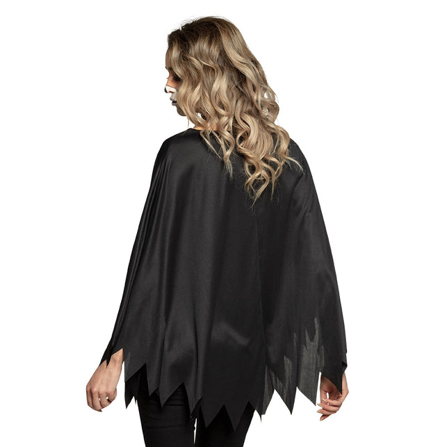 Achterkant van de zwarte poncho skelet, effen zwart met scherp gepunte onderrand