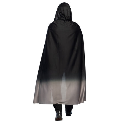 Achterzijde cape Fade zwart/grijs met opstaande kap en vloeiende grijze onderzoom