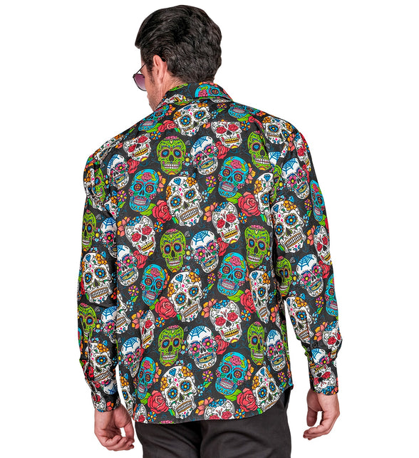 Achterzijde van het day of the dead shirt Skully met doorlopende schedelprint op rug en mouwen