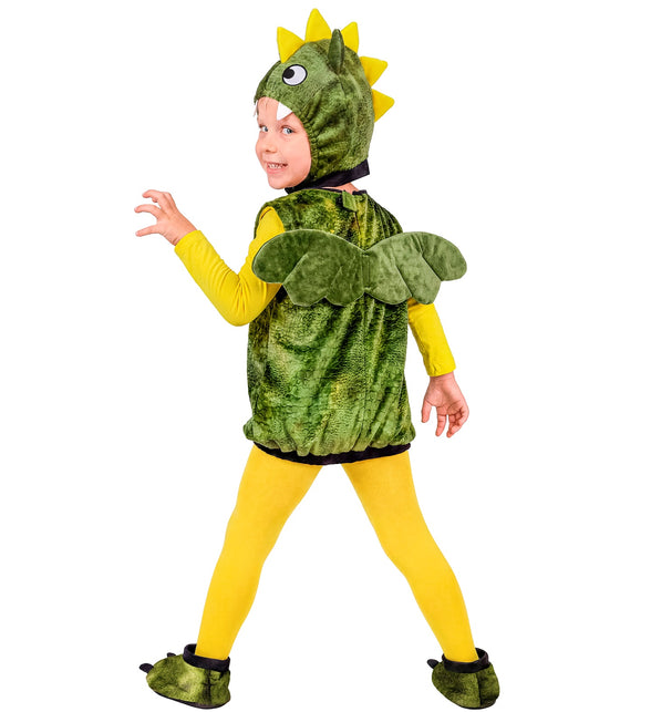 Achterzijde drakenpak kinderen met groene vleugels op de rug en gele kam op de kap