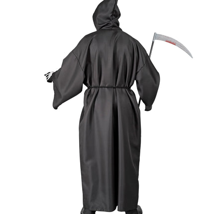 Achterzijde grimreaper mantel zwart met hoge punt in de kap en glad vallende polyester stof