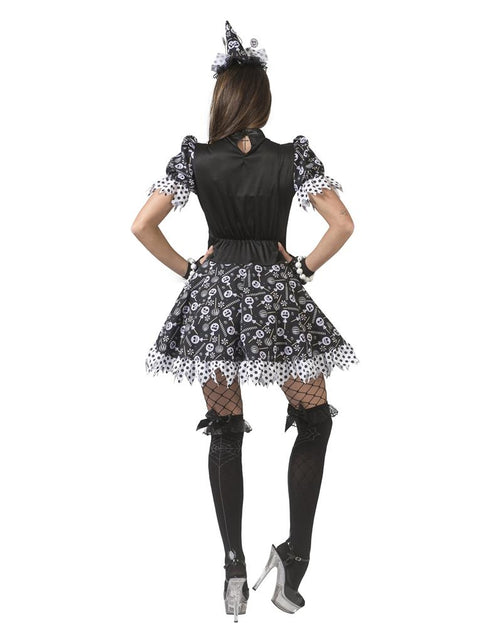 Achterzijde heksen kostuum Candy dames met zwart lijfje, elastische taille en bedrukte klokrok